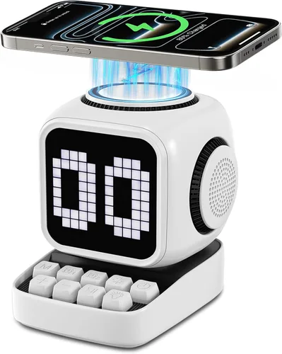 Vista 9 de Altavoz Bluetooth 5 en 1 de robot retro: cargador inalámbrico de 15 W, pantalla LED de píxeles, sonido estéreo de 10 W y 15 ruido blanco, reloj Negro