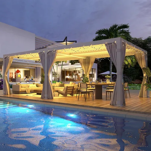 Vista 16 de MELLCOM Pérgola con Persianas – Pérgola de Aluminio de 10 x 10 pies con techo de persianas ajustables y cortinas y redes impermeables