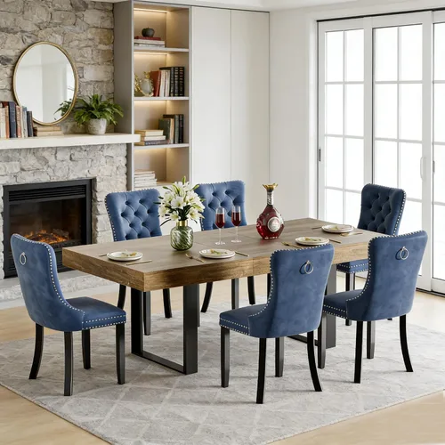Vista 10 de Juego de mesa de comedor extensible de 5 piezas para 4, mesa de cocina de madera marrón de 63-78.7 pulgadas con 4 sillas acolchadas beige, juego