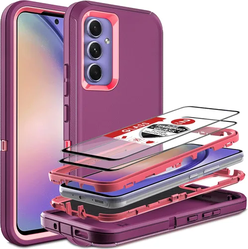 Vista 8 de Funda para Samsung Galaxy A54 5G, 3 en 1, protección resistente a prueba de golpes con 2 protectores de pantalla de vidrio templado, color azul Azul