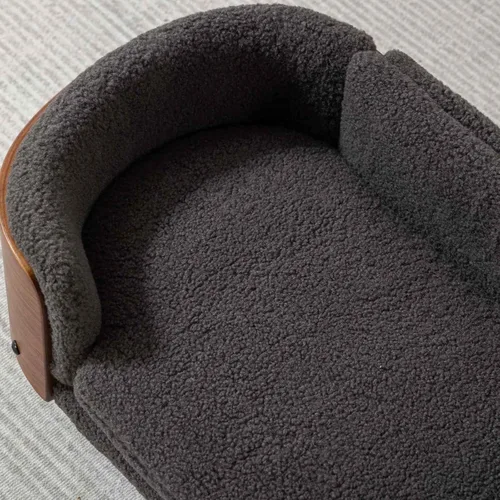 Vista 5 de Sofá cama elevado para mascotas con patas de madera maciza, respaldo de madera doblada y cojín de cachemira, muebles de lujo para mascotas