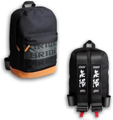 Vista 21 de W-POWER JDM Bride Racing Mochila de viaje para laptop con parte inferior marrón con correas de arnés ajustables (ASIMO-BK)