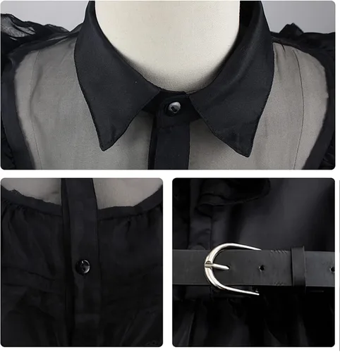 Vista 3 de Akokvlar Vestido de disfraz negro para niñas, peluca, cinturón, aretes, calcetines, traje de vestir