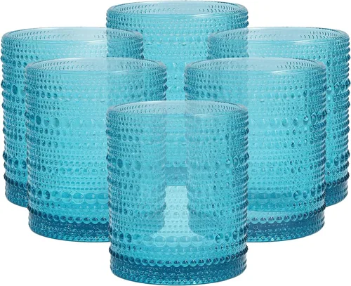 Vista 5 de Fortessa Jupiter - Vaso de vidrio con cuentas y diseño de clavos, 10 onzas, doble estilo antiguo (juego de 6), ámbar