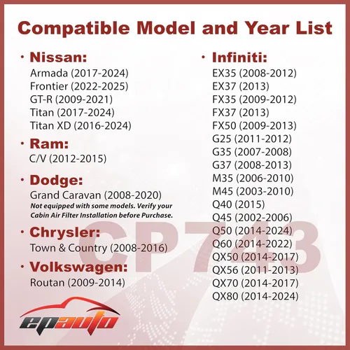 Vista 2 de EPAuto CP743 (CF10743) Filtro de aire de cabina, reemplazo para Infiniti Q50, Q45, Q60, QX80, EX35, FX35, G37, Nissan GT-R, Armada, Titan, Chrysler