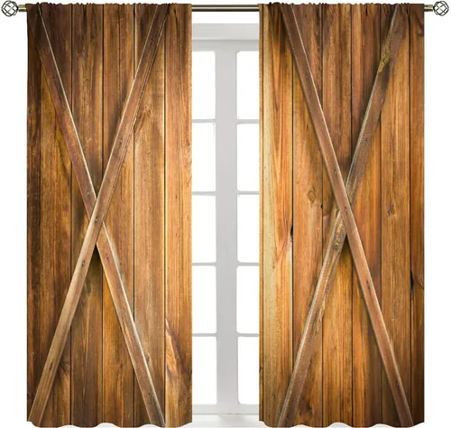 Vista 10 de Cortinas rústicas para dormitorio, puerta de granero antigua, tablero de madera, cortinas para sala de estar, madera rural dura, estilo rural