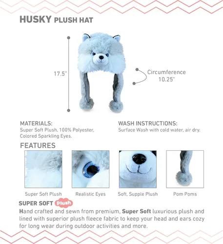 Vista 2 de DolliBu - Sombrero de peluche gris Husky Sombrero súper suave y cálido con orejeras, divertido sombrero loco de fiesta de felpa, sombrero