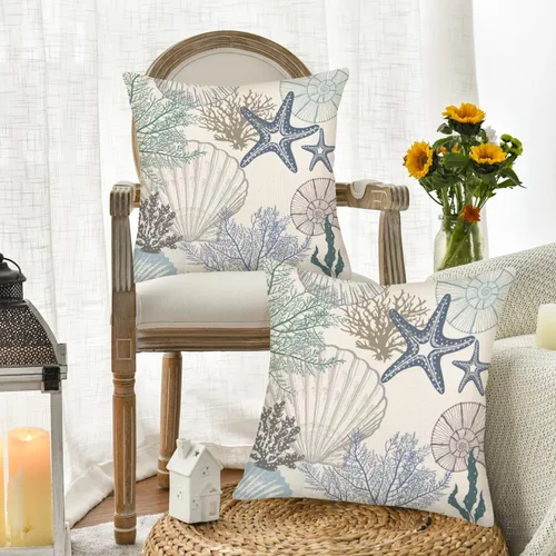 Vista 4 de Fukeen Juego de 2 fundas de almohada de playa de verano de 16 x 16 pulgadas, conchas de mar, conchas de coral y estrellas de mar y estrellas de mar