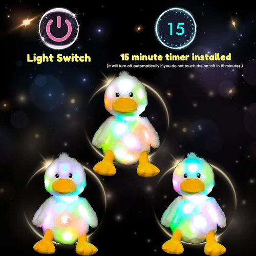 Vista 5 de Hopearl Pato de peluche LED que se ilumina, patito relleno de animal de granja flexible, luces nocturnas que brillan en la oscuridad, regalos