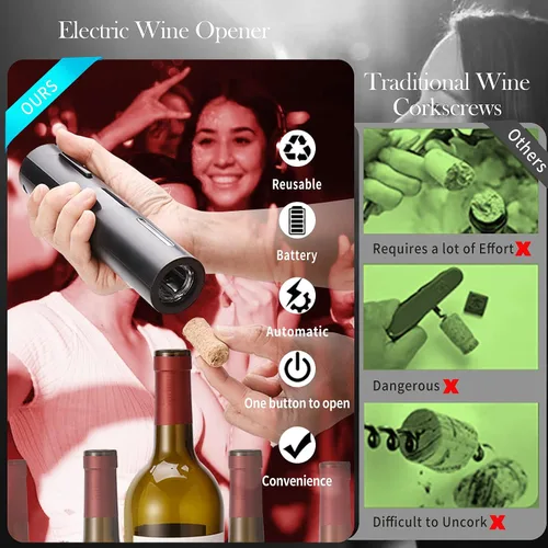 Vista 3 de Abridor eléctrico de botellas de vino, abridor automático de sacacorchos de vino, funciona con pilas. Abridor de botón de un clic con cortador