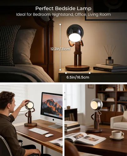 Vista 6 de Lámpara de mesa inalámbrica, lámpara de mesa de madera recargable con control táctil y brillo ajustable, lámpara de noche decorativa inalámbrica