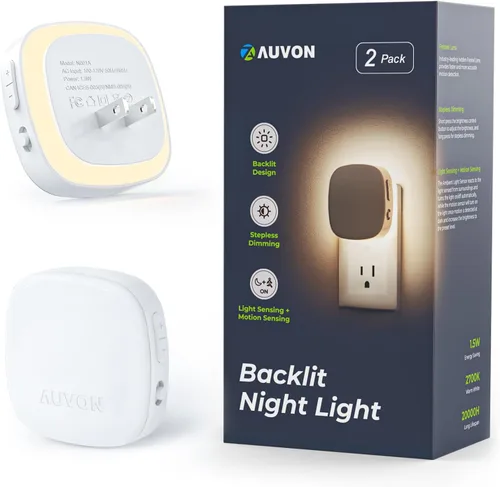 Vista 9 de AUVON - Luz nocturna LED enchufable con retroiluminación con sensor de movimiento y sensor de atardecer a amanecer, luz nocturna anaranjada