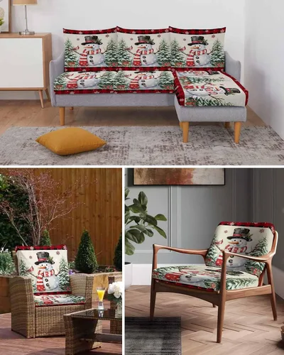 Vista 7 de Fundas de cojín para sofá de Navidad, muñeco de nieve, funda elástica para sofá con parte inferior elástica, diseño de árbol de Navidad, pájaros