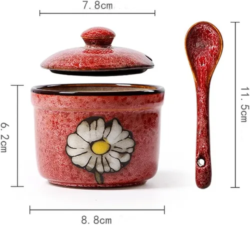 Vista 6 de Ceramics Retro Flower Azucarero con tapa y cuchara, 5.5 onzas, color rojo