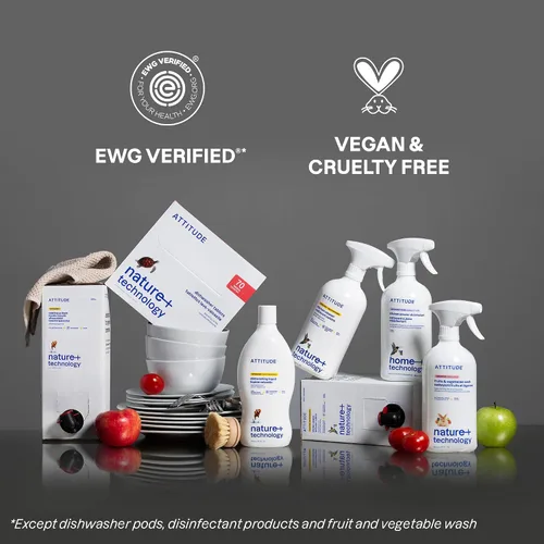 Vista 6 de ATTITUDE Jabón para Platos, Verificado por EWG, Líquido para Lavar Platos a Base de Plantas y Vegano, De Origen Natural, Aroma a Ralladura