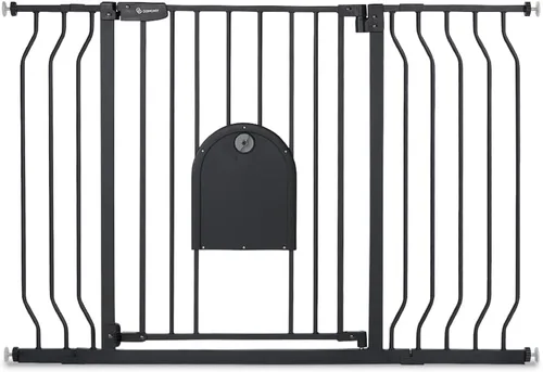 Vista 9 de COMOMY Puerta para mascotas de 29.5-33.4 pulgadas con puerta ajustable para gatos, puerta de metal extra ancha para puertas de escaleras, puerta