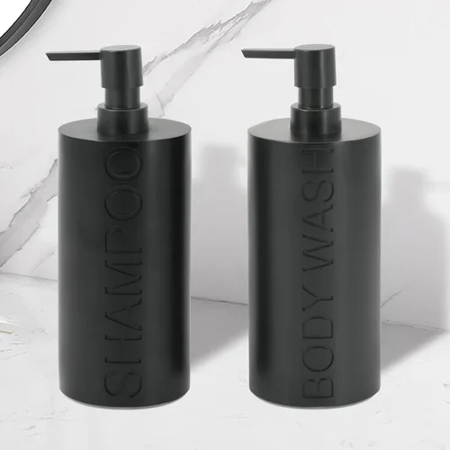 Vista 6 de Paquete de 2 botellas recargables de resina negra mate para champú y gel de baño – Juego de dispensadores de bomba modernos para baño, recipientes