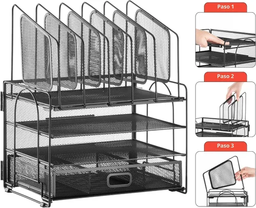 Vista 6 de Marbrasse Organizador de escritorio con cajón, organizador de archivos de malla de 4 niveles con 5 soportes verticales para archivos y 2 soportes