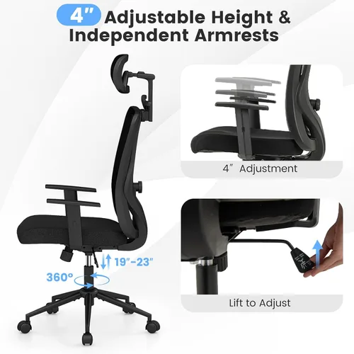 Vista 6 de COSTWAY Silla de oficina de malla, sillas ergonómicas de escritorio para computadora con reposacabezas 3D, reposabrazos ajustables y soporte lumbar