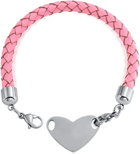 Vista 3 de Pulsera de piel trenzada rosa con identificación de alerta médica, personalizable, de acero inoxidable