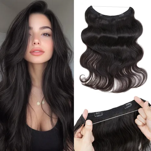 Vista 37 de Extensiones de cabello humano real, extensiones de cabello humano 100 % humano, extensiones de clip, ondulado, negro azabache 01, 2.46 oz/18 pulgadas