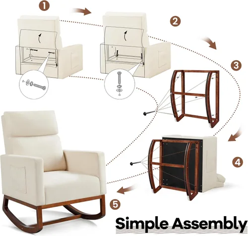 Vista 9 de Yaheetech Mecedora tapizada para cuarto de bebé, con patas de madera de goma, bolsillo lateral, sillón con respaldo alto para sala de estar, Beige