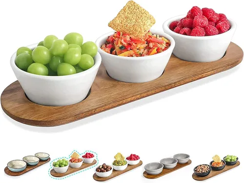 Vista 7 de Artena Juego de 6 Tazas de 177ml de Cerámica Sólida Turquesa para Chips y Dip con Bandeja de Madera de Acacia, Tazas de Servir Pequeñas de 11.4cm