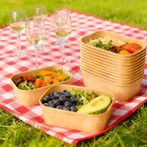 Vista 4 de Paquete de 50 recipientes de papel de 25 onzas con tapas, recipientes desechables para alimentos, cuencos de papel rectangulares marrones con tapas