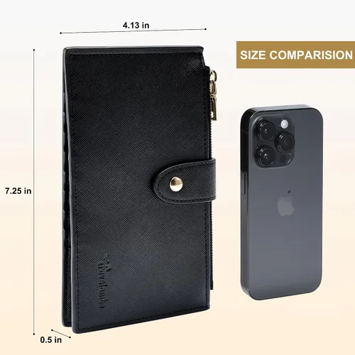 Vista 6 de Travelambo Billetera para mujer con bloqueo RFID plegable para múltiples tarjetas con bolsillo con cremallera, Negro -, Minimalista