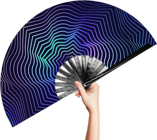 Vista 18 de OMyTea Rave Clack - Ventilador de mano para hombres y mujeres – Ventilador de mano plegable de bambú chino japonés – para EDM, festival de música