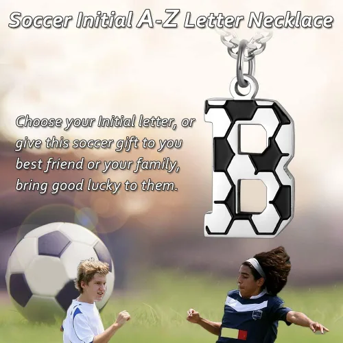 Vista 2 de AIAINAGI Collar de fútbol con letra A-Z para niños dije de fútbol de acero inoxidable cadena de plata de 22 pulgadas regalo de fútbol personalizado