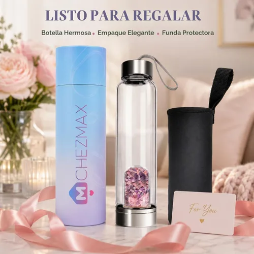 Vista 8 de ChezMax Botella de agua en cristal con centro de cristal natural intercambiable A - Amatista + cristal rosa