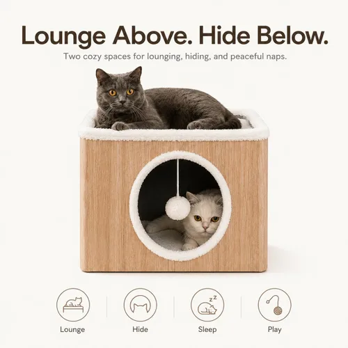 Vista 2 de Casa de condominio para gatos con cojines reversibles y bola esponjosa colgante, cubo plegable para gatos, cama cueva grande para gatitos