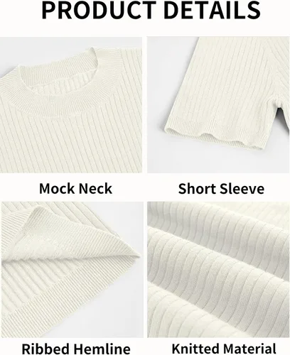Vista 4 de Pretifeel Suéter de manga corta para hombre, cuello alto, básico, liso, ajustado, de punto