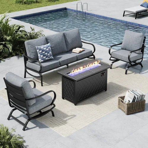 Vista 17 de MFSTUDIO Juego de 4 piezas de conversación para patio, marco de metal para todo tipo de clima, muebles de exterior con 1 mesa rectangular de propano