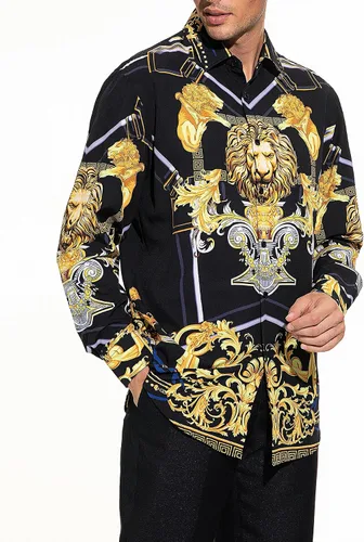 Vista 2 de Camisas de vestir con estampado floral y león dorado para hombre de manga larga abotonadas de lujo