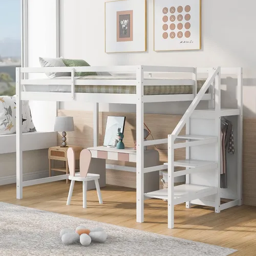 Vista 8 de Cama alta moderna con cajones de almacenamiento y escaleras, cama de madera tamaño individual con estantes y barandillas, para niños, niñas