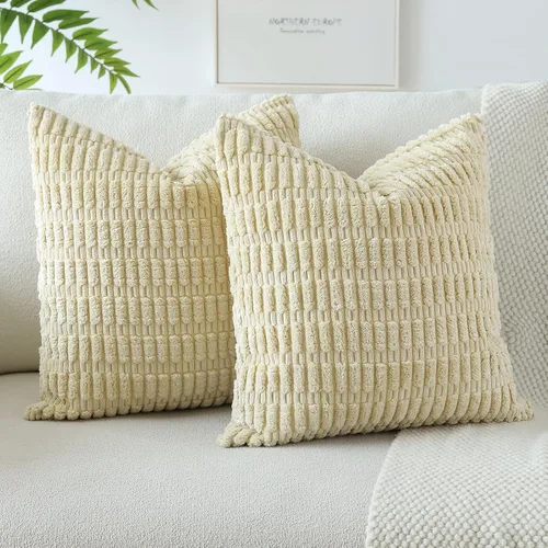 Vista 21 de OTOSTAR - Paquete de 2 fundas de almohada decorativas de pana suave de 18 x 18 pulgadas, funda de cojín a rayas estilo bohemio para sofá, cama, sala