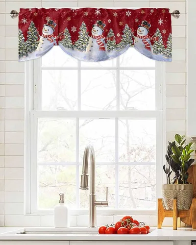 Vista 3 de Cortinas de cocina de Navidad, cenefa semitransparente ajustable con lazo, muñeco de nieve, copo de nieve, bolsillo para barra, tratamiento