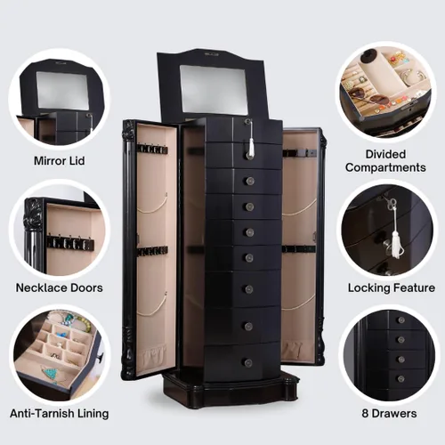 Vista 35 de Hives and Honey Florence Jewelry Armoire - Organizador de almacenamiento de joyas con 8 cajones forrados de fieltro, espejo de tocador, rollos