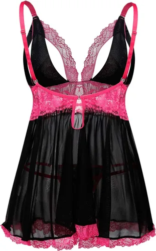 Vista 3 de Donnalla - Conjunto de lencería sexy para mujer, tallas grandes, 2XG, 3XG, 4XG, babydoll de encaje con copas divididas