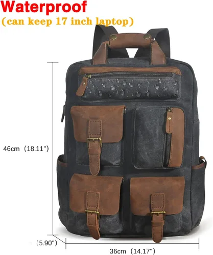Vista 2 de Le'aokuu Lona y cuero genuino impermeable unisex adulto mochila diaria mochila casual bolsa de viaje, Negro