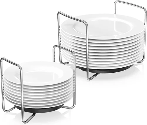 Vista 8 de Organizador de Platos para Cajón de Cocina - Estantes de Platos de Bambú para Encimera de Cocina, Organizador de Platos y Cuencos de Acero Negro-2s