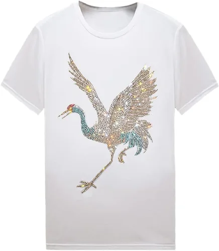 Vista 12 de HZCX FASHION Camiseta con strass brillante para Hombres y Mujeres, manga corta, con pedrería, para festivales de rock, con gemas, de algodón