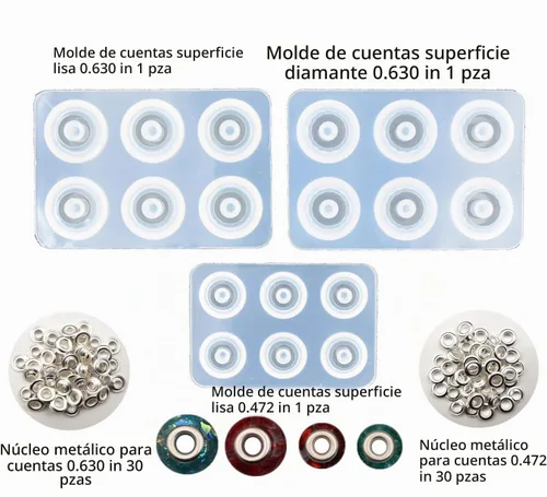 Vista 2 de 3 moldes de resina para cuentas redondas y planas, moldes de fundición de cuentas de agujero grande, molde de silicona con núcleo de metal incluido