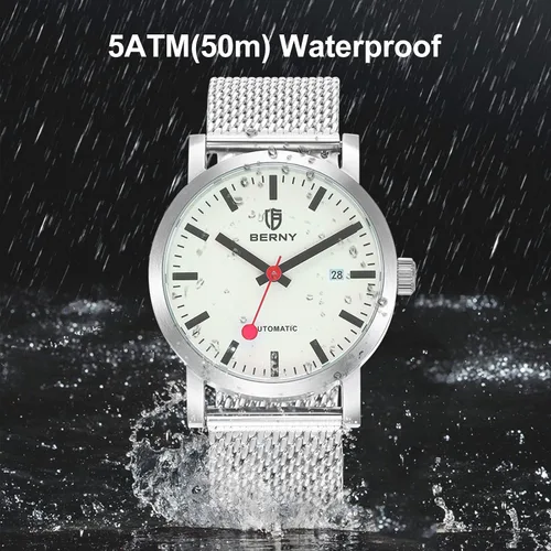 Vista 6 de BERNY Reloj automático clásico para hombre, reloj mecánico de cuerda automática MIYOTA 8215, correa de acero inoxidable, 5ATM, impermeable, esfera