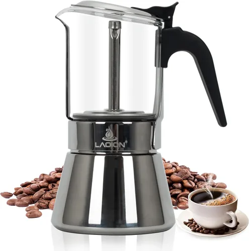 Vista 9 de LAOION Cafetera de café expreso, 3 tazas de 5.4 fl oz, cafetera de cristal y acero inoxidable, cafetera moca, cafetera Greca de Café, cafetera