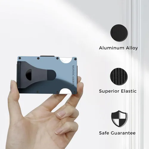 Vista 2 de MONOCARBON Cartera delgada minimalista con bolsillo frontal con bloqueo RFID, clip de dinero para tarjetas de crédito, acero manganeso, Azul