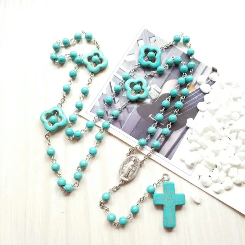 Vista 2 de Collar de cuentas largas con colgante para mujeres y hombres, cuentas de cristal turquesa, rosario católico, medalla de Santa María, cruz milagrosa