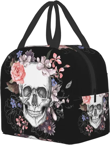 Vista 2 de Bolsa de almuerzo con diseño de calavera de azúcar, con diseño de calavera floral, regalo para mujeres y hombres, bolsas Teto para el trabajo